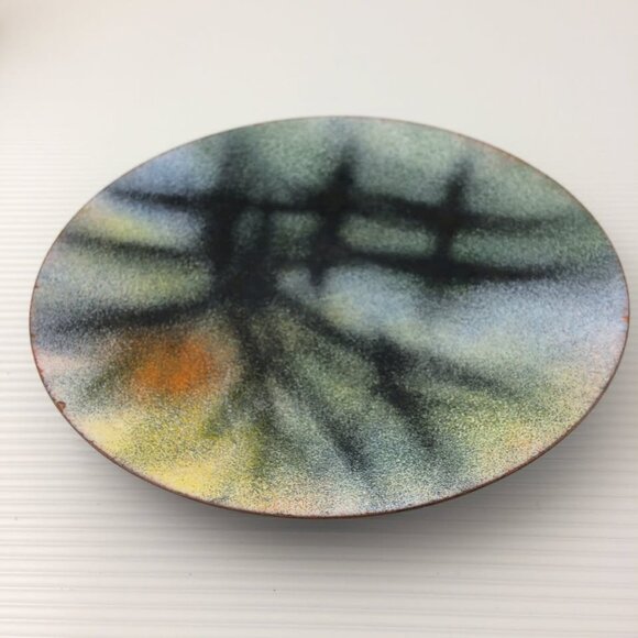 Vintage 1970 Enamel on Copper Handmade Signed Plate Dish Wall Art Landscape - Picture 3 of 10
